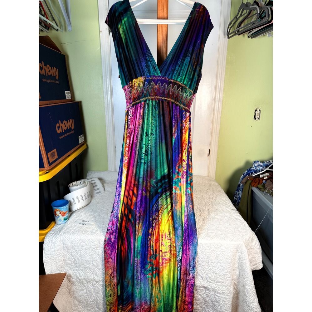 Rainbow Peacock Print Smocked Empire Waist V-Neck Maxi Dress Bohemian Sleeveless